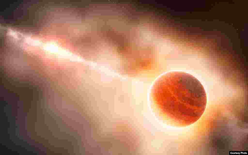 This artist’s impression shows the formation of a planet in the ring of dust and gas around the young star HD 100546. (ESO/L. Calçada)