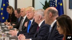 Le président américain Donald Trump, au centre, avec ses pairs de l’Otan à Bruxelles, en Belgique, jeudi 25 mai 2017. (Stéphanie Lecocq / Pool via AP)