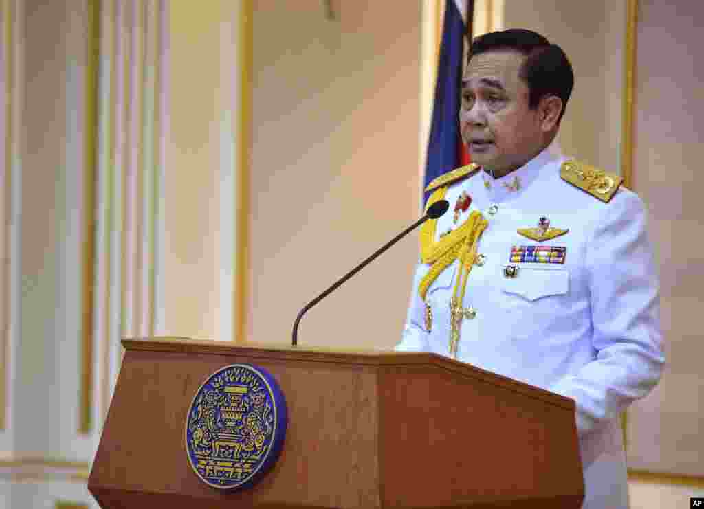 Gen. Prayuth Chan-ocha speaks after he accepted a royal command issued by King Bhumibol Adulyadej certifying his appointment as the country's 29th premier in Bangkok, Aug. 25, 2014.