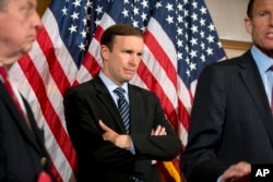 Sen. Chris Murphy, D-Conn., stands during a media availability on Capitol Hill in Washington, June 20, 2016. Murphy said his stomach was "in knots" over Trump's speech.