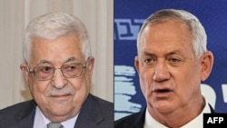 Di sebelah kiri, Presiden Palestina Mahmud Abbas terlihat dalam foto selebaran yang disediakan oleh kantor pers Otoritas Palestina, 1 Agustus 2021; dan Menteri Pertahanan Israel Benny Gantz terlihat pada 7 Juni 2021. (Foto: AFP)