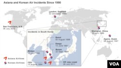 Map of Asiana and Korean Air incidents since 1990.