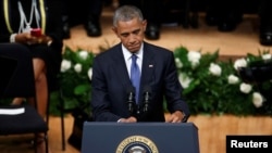 U.S. President Barack Obama speaks during a memorial service following the multiple police shootings in Dallas, Texas, July 12, 2016. 