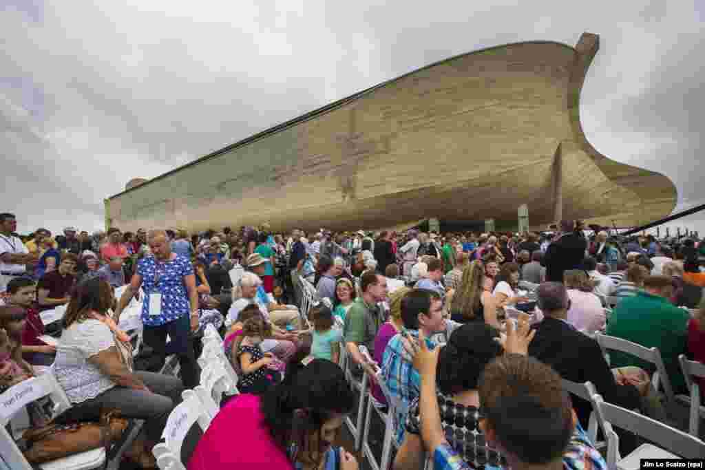Visitors gather outside Ark Encounter, 510-foot-long re-creation of Noah's Ark in Williamstown Kentucky, USA, 05 July 2016. Ark Encounter is the brainchild of Australian-born creationist Ken Ham.