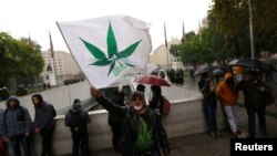 A man waves a flag during a rally against drug trafficking and in favor of the legalization of self-cultivation of marijuana for medicinal and recreational purposes in Santiago, Chile, April 20, 2017.