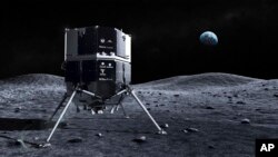 This illustration provided by ispace in April 2023 depicts the Hakuto spacecraft on the surface of the moon with the Earth in the background. 