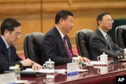 FILE - China's President Xi Jinping (C) talks with Maldives' President Abdulla Yameen, during a meeting at the Great Hall of the People in Beijing, Dec. 7, 2017.