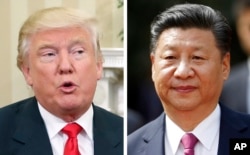 FILE - A combination of two 2016 photos shows Donald Trump, then still president-elect, left, and China's President Xi Jinping. Trump and Xi are due to meet this coming week at Trump's Mar-a-Lago estate in south Florida.
