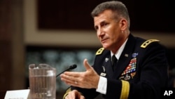 FILE - Army Lt. Gen. John Nicholson testifies on Capitol Hill in Washington, Jan. 28, 2016, before the the Senate Armed Services Committee.