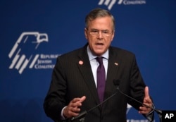 FILE - Candidate Jeb Bush speaks at the Republican Jewish Coalition Presidential Forum in Washington, Dec. 3, 2015.