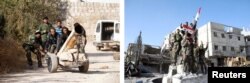 (L) Fighters operating under the Free Syrian Army drag a rocket launcher in Aleppo, Nov, 13, 2013. (R) Soldiers loyal to Syria's President Bashar al-Assad pose after taking control of Hujaira, south of Damascus, from rebel fighters, in this handout photo distributed by SANA.