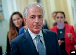 FILE - Sen. Bob Corker, R-Tenn., speaks to members of the media on Capitol Hill in Washington, May 2, 2017.