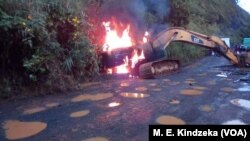 Seized road construction equipment used to block roads and destroy buses in Akum, Cameroon, Sept. 9, 2018.