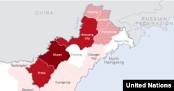 북한 함경북도 홍수 피해 지역: 유엔이 16일 공개한 북한 함경북도 수해 실사보고서에 들어있는 피해 지역 지도. 함경북도에서도 두만강과 접한 무산군, 연사군, 회령시 등이 집중적인 피해를 입었다. 색깔이 짙을 수록 피해가 심각한 지역으로, 무산군은 피해 가구가 5만 가구 이상, 연사군과 회령시는 각각 1만~5만 가구인 것으로 표시됐다.