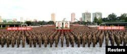 Servicepersons of the Ministry of People's Security met on August 10, 2017 to express full support for the Democratic People's Republic of Korea (DPRK) government statement, in this photo released on Aug. 11, 2017 by North Korea's Korean Central News Agen