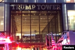 The entrance to Trump Tower is pictured during a fire in the building, in the Manhattan borough of New York, April 7, 2018.
