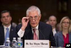 FILE - Secretary of State-designate Rex Tillerson testifies on Capitol Hill in Washington, D.C., at his confirmation hearing before the Senate Foreign Relations Committee, Jan. 11, 2017.