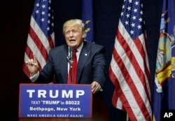 FILE - Republican presidential candidate Donald Trump speaks during a campaign rally, April 6, 2016, in Bethpage, N.Y.