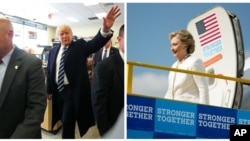 Le candidat républicain à l’élection présidentielle Donald Trump reçu en roi à Prussia, en Pennsylvanie, et démocrate Hillary Clinton accueillie à Lakeland, en Floride, 1 novembre 2016.