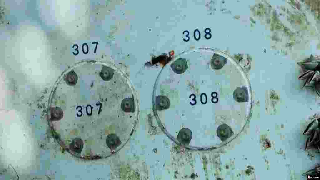 Details of a piece of suspected plane wreckage which has been found off the coast of southern Thailand is seen in Nakhon Si Thammarat province, Jan. 24, 2016.