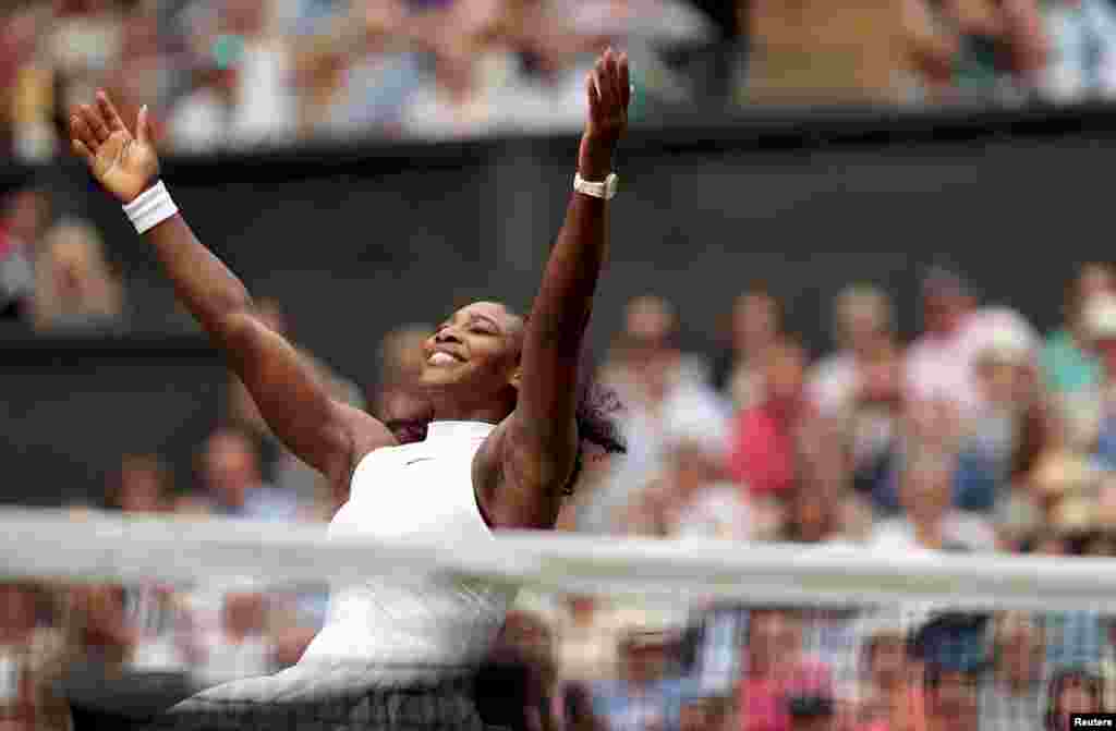 Serena Williams of the United States celebrates winning her singles final match against Germany's Angelique Kerber at Wimbledon.