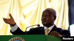 Ugandan President Yoweri Kaguta Museveni delivers a speech during the launch of the National Dialogue committee in Juba, South Sudan, May 22, 2017