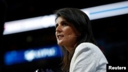 L'ambassadeur américaine Nikki Haley lors d'une conférence à Washington D.C., le 27 mars 2017.