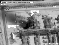 This image provided Sept. 15, 2019, by the U.S. government and DigitalGlobe and annotated by the source, shows damage to the infrastructure at Saudi Aramco's Kuirais oil field in Buqyaq, Saudi Arabia.