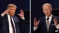 Kombinasi foto Capres AS: Presiden Petahana Donald Trump (kiri) dan Capres dan Mantan Wapres AS dari partai Demokrat, Joe Biden 29 September 2020, dalam Debat Pertama di Case Western University, Cleveland, Ohio. (Foto: AP/Patrick Semansky)