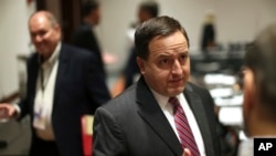FILE - Jay Ashcroft, the Republican secretary of state in Missouri, answers a question during a convention of state secretaries of state, July 14, 2018, in Philadelphia.