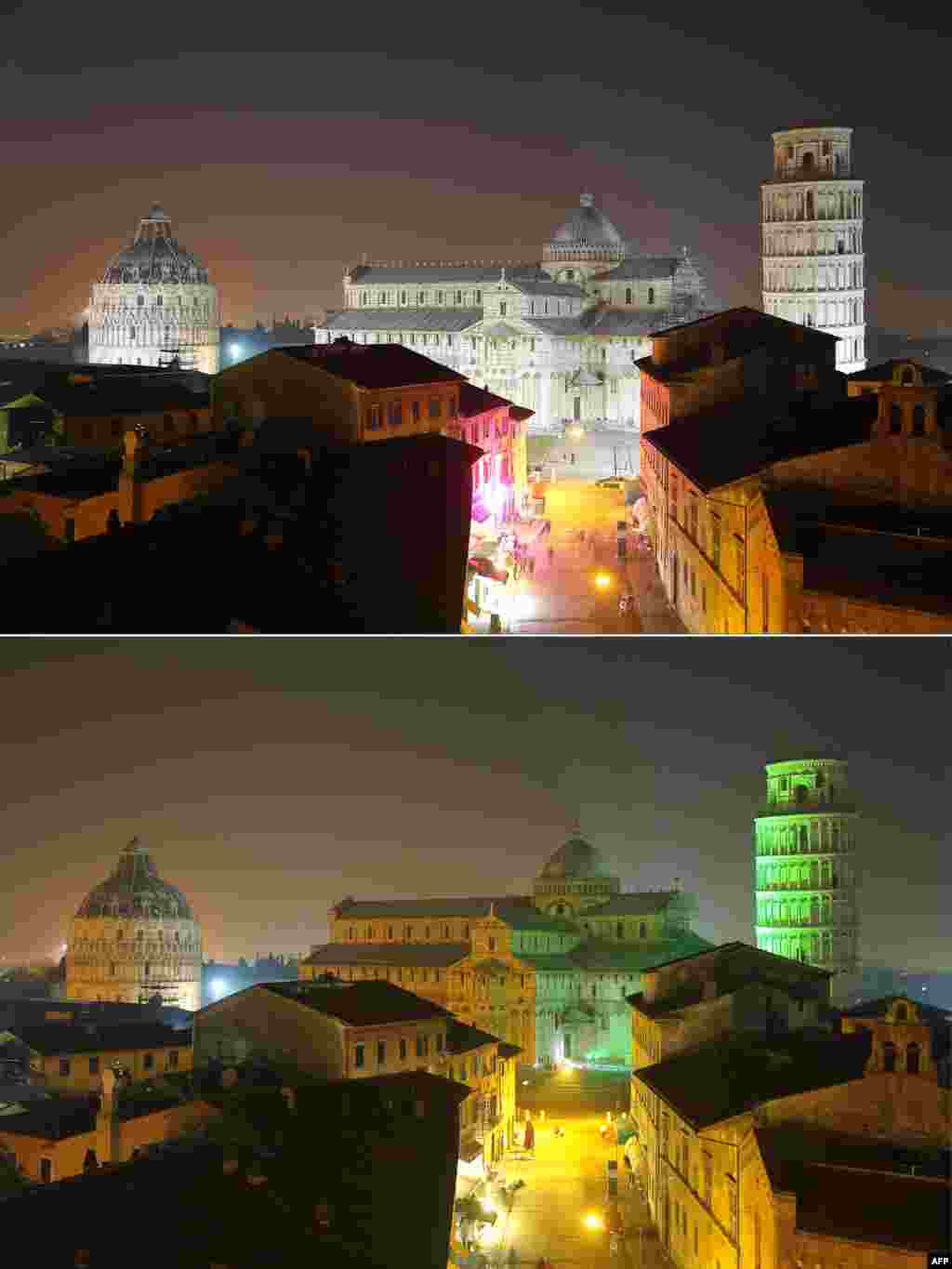 Kombinasi dua gambar Menara Pisa di Italia, yang dihiasi dengan warna sinar hijau (bawah) untuk merayakan Hari St. Patrick yang dirayakan warga keturunan Irlandia.&nbsp;