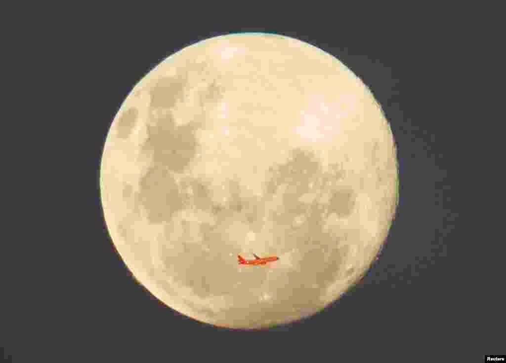 Sebuah pesawat melewati angkasa kota Sydney, Australia yang dihiasi bulan purnama.