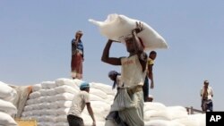 Para petugas World Food Programme (WFP) mendistribusikan bantuan pangan di Aslam, Hajjah, Yaman (foto: ilustrasi). 