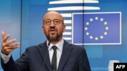 Presiden Dewan Eropa Charles Michel saat berbicara pada konferensi pers video di Brussels, Belgia, 19 Agustus 2020. (Foto: AFP)