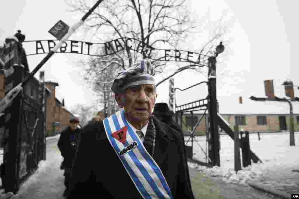 Penyintas Auschwitz Miroslaw Celka keluar dari gerbang kamp setelah memberikan penghormatan pada para korban di Oswiecim, Polandia, pada 70 tahun peringatan pembebasan penghuni kamp (27/1). (AFP/Odd Andersen)