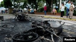 Burnt police motorcycles are the result of a protest against Venezuela's President Nicolas Maduro's government in Palmira, Venezuela, May 16, 2017.