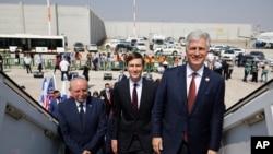Israeli National Security Advisor Meir Ben-Shabbat, left, U.S. President Donald Trump's senior adviser Jared Kushner, center, and U.S. National Security Advisor Robert O'Brien, right, board an El Al's airliner to fly to Abu Dhabi, Aug. 31, 2020.