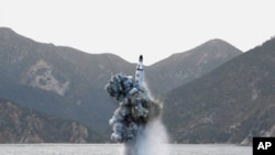 Foto rudal balistik yang diluncurkan dari kapal selam di Pyongyang, 24 April 2016.