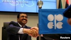 Mohammed Bin Saleh Al-Sada, Minister of Energy and Industry of Qatar and President of the OPEC Conference speak to journalists prior to the start of a meeting of the Organization of the Petroleum Exporting Countries, OPEC, at their headquarters in Vienna, June 2, 2016.