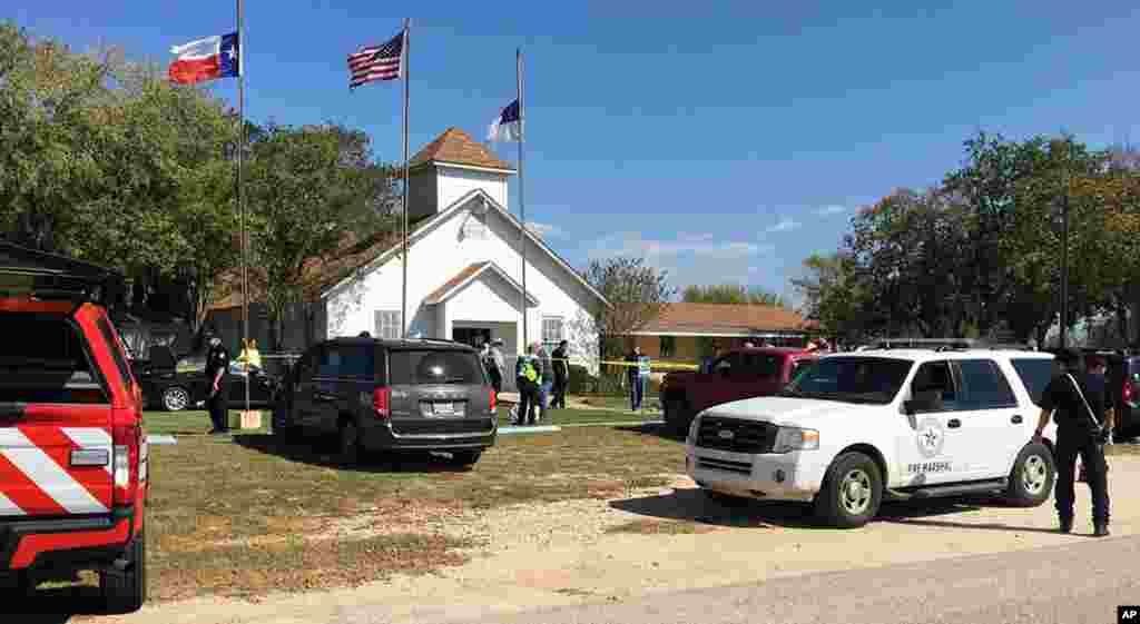 Emergency personnel respond to a fatal shooting at a Baptist church in Sutherland Springs, Texas, Nov. 5, 2017.