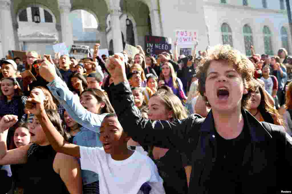 People gather to protest the election of Republican Donald Trump as the president of the United States outside of City Hall in Los Angeles, California, Nov. 9, 2016.