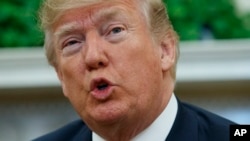 FILE - U.S. President Donald Trump talks with reporters during a meeting with Irish Prime Minister Leo Varadkar in the Oval Office of the White House, March 15, 2018.