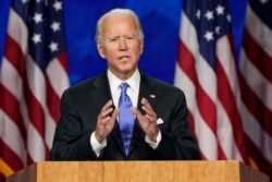 FILE - Democratic presidential candidate former Vice President Joe Biden speaks during the fourth day of the Democratic National Convention, Aug. 20, 2020, at the Chase Center in Wilmington, Del.