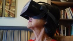 The second image: Eileen Higa feels happy and excited after an adventurous, action-filled virtual reality experience. (E. Lee)