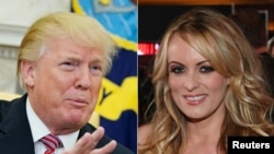 Foto kombinasi Presiden Donald Trump dan bintang film dewasa, Stormy Daniels, yang dibuat pada 14 Februari 2018. 
