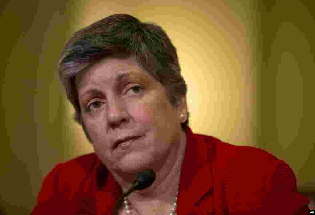 Homeland Security Secretary Janet Napolitano testifies on Capitol Hill in Washington, April 18, 2013, before the House Homeland Security Committee. Napolitano says the FBI wants to speak with two men seen in at least one video from the Boston Marathon, but she says she isn't calling them suspects.
