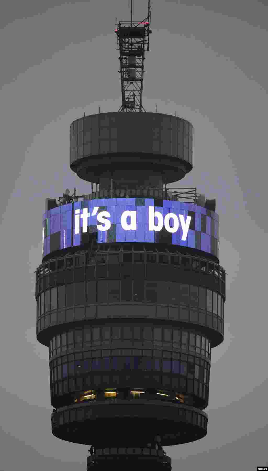 The British Telecom tower displays "it's a boy" to mark the birth of a baby boy for Catherine, Duchess of Cambridge and her husband, Prince William, London July 23, 2013. 