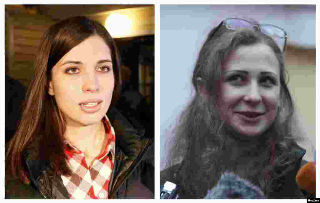 A combination photo shows Pussy Riot members Nadezhda Tolokonnikova (L) and Maria Alyokhina (R) speaking to the media after they were released from prison, Dec. 23, 2013. 