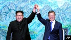 문재인 한국 대통령과 김정은 북한 국무위원장이 지난 28일 정상회담에서 '판문점 선언'에 서명한 후 맞잡은 손을 들어 올리고 있다.