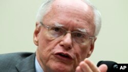 FILE - James Jeffrey speaks during a House Foreign Affairs Committee hearing on Capitol Hill in Washington, Oct. 11, 2017. Jeffrey is now the U.S. special representative for Syria engagement.